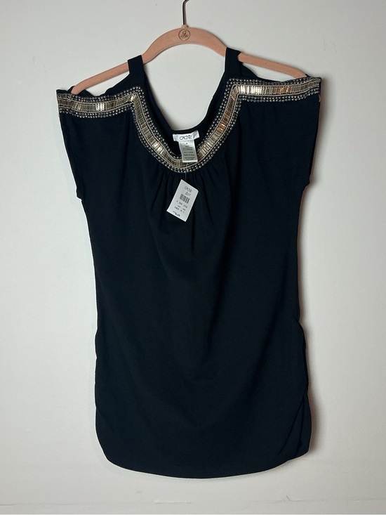 Cache Tops - NWT Cache Black Cold-Shoulder Top with Gold Embellished Neckline Size M